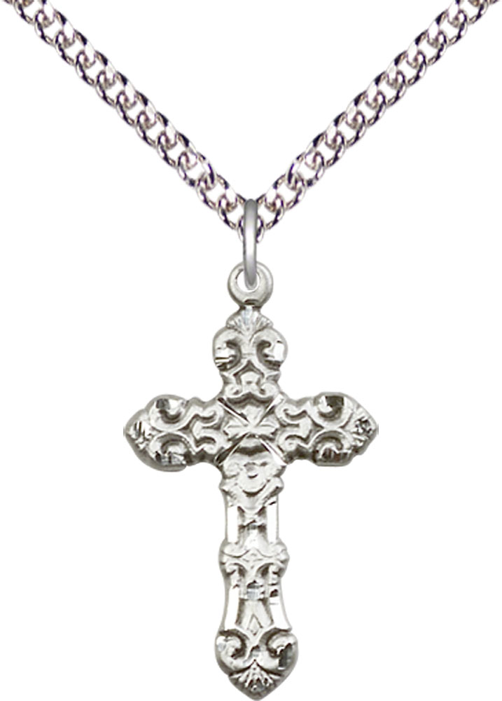 Sterling Silver Cross Pendant on a 24 inch Sterling Silver Heavy Curb chain