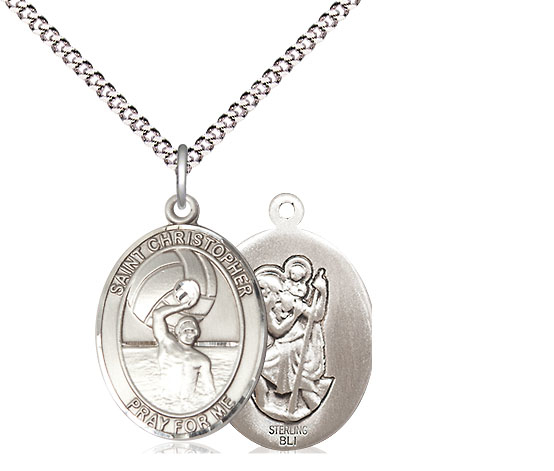 Sterling Silver Saint Christopher Water Polo-Men Pendant on a 18 inch Light Rhodium Light Curb chain