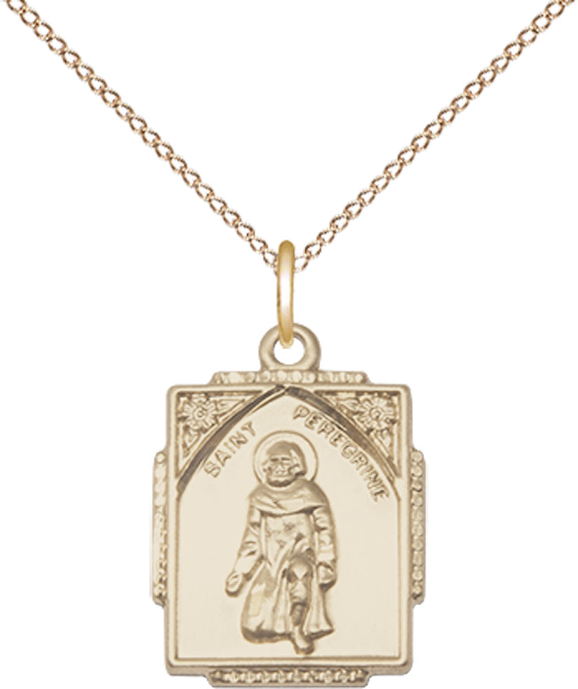 14kt Gold Filled Saint Peregrine Pendant on a 18 inch Gold Filled Light Curb chain