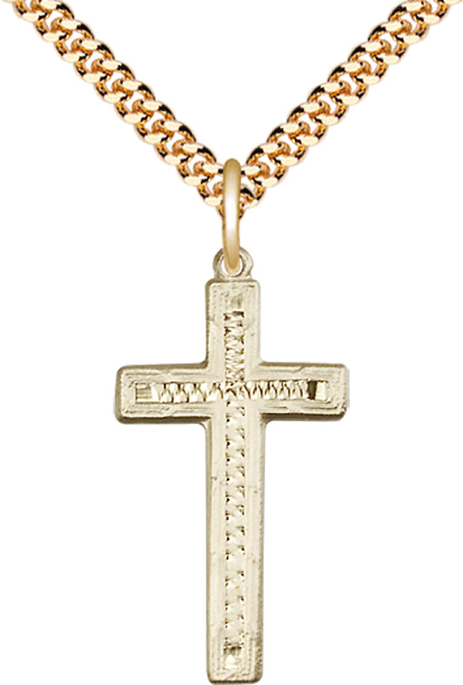 14kt Gold Filled Cross Pendant on a 24 inch Gold Plate Heavy Curb chain