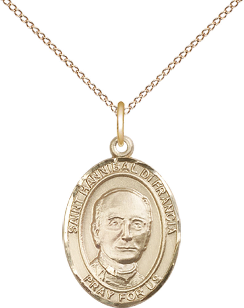 14kt Gold Filled Saint Hannibal Pendant on a 18 inch Gold Filled Light Curb chain