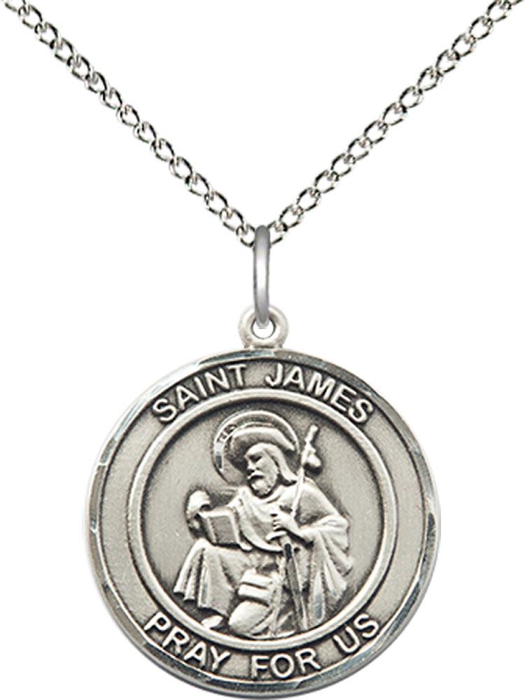 Sterling Silver Saint James the Greater Pendant on a 18 inch Sterling Silver Light Curb chain