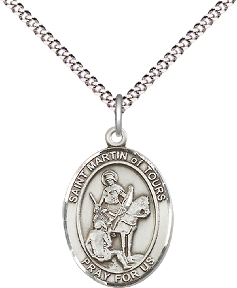 Sterling Silver Saint Martin of Tours Pendant on a 18 inch Light Rhodium Light Curb chain