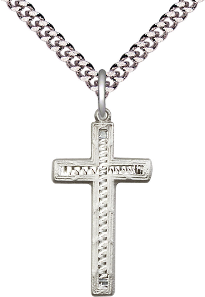 Sterling Silver Cross Pendant on a 24 inch Light Rhodium Heavy Curb chain