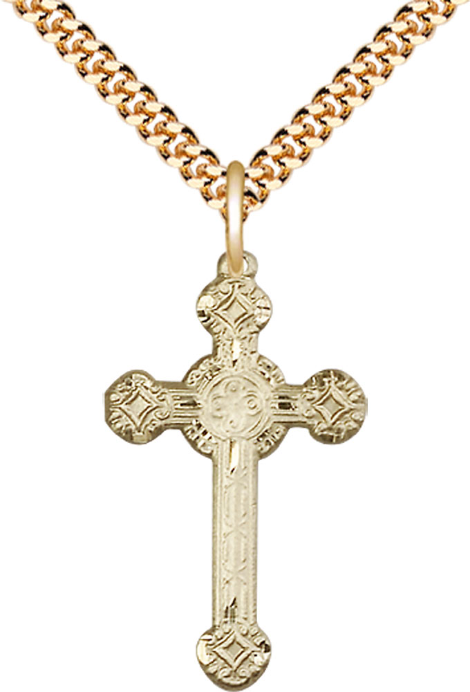 14kt Gold Filled Cross Pendant on a 24 inch Gold Plate Heavy Curb chain