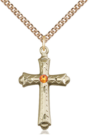 14kt Gold Filled Cross Pendant with a 3mm Topaz Swarovski stone on a 24 inch Gold Filled Heavy Curb chain