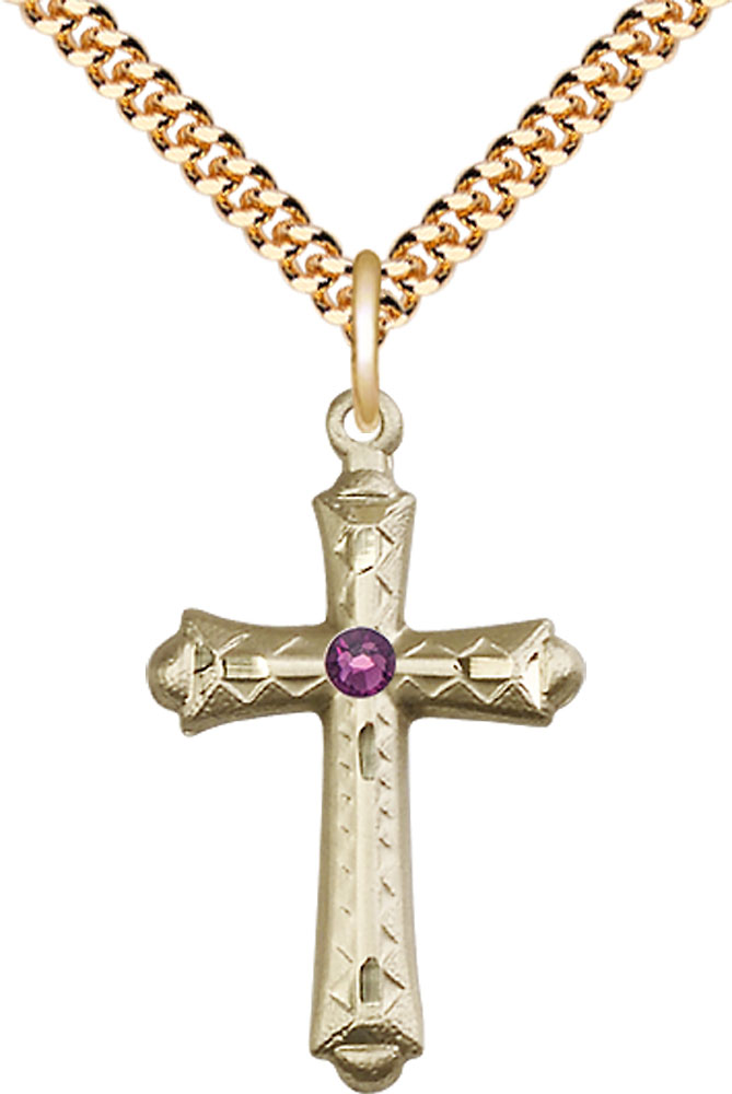 14kt Gold Filled Cross Pendant with a 3mm Amethyst Swarovski stone on a 24 inch Gold Plate Heavy Curb chain