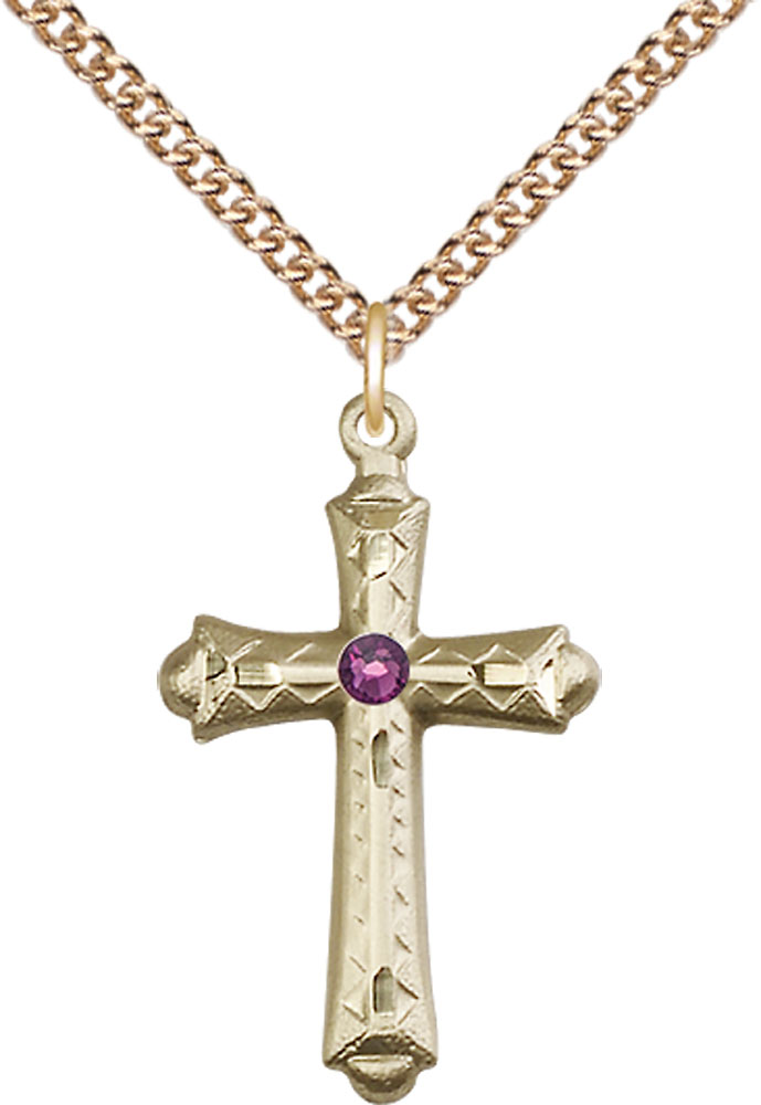 14kt Gold Filled Cross Pendant with a 3mm Amethyst Swarovski stone on a 24 inch Gold Filled Heavy Curb chain
