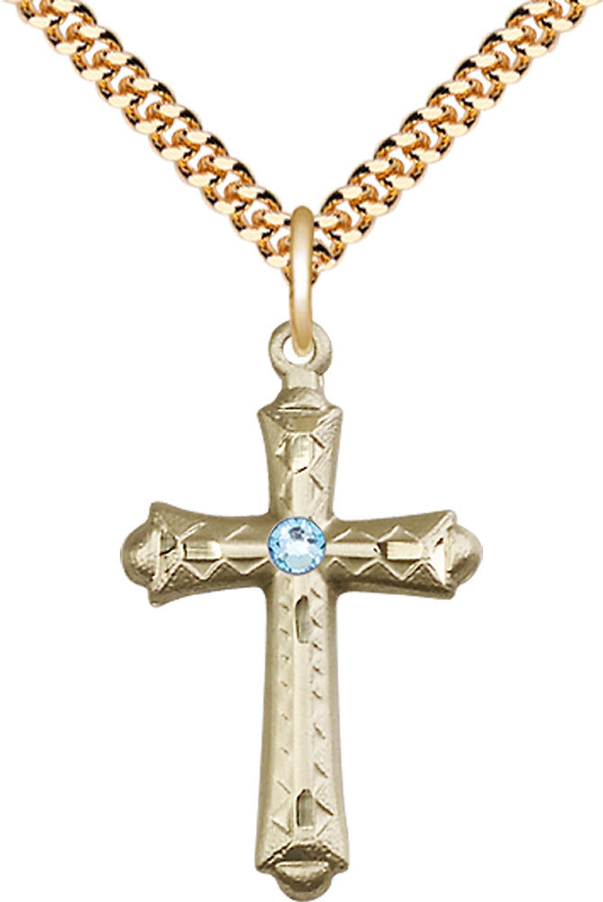 14kt Gold Filled Cross Pendant with a 3mm Aqua Swarovski stone on a 24 inch Gold Plate Heavy Curb chain