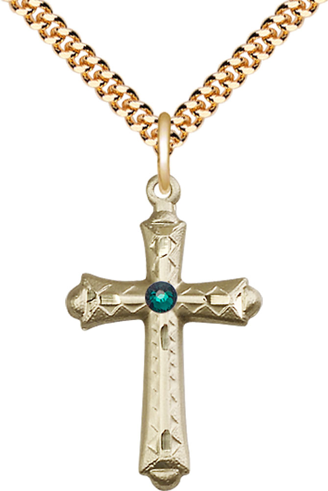14kt Gold Filled Cross Pendant with a 3mm Emerald Swarovski stone on a 24 inch Gold Plate Heavy Curb chain
