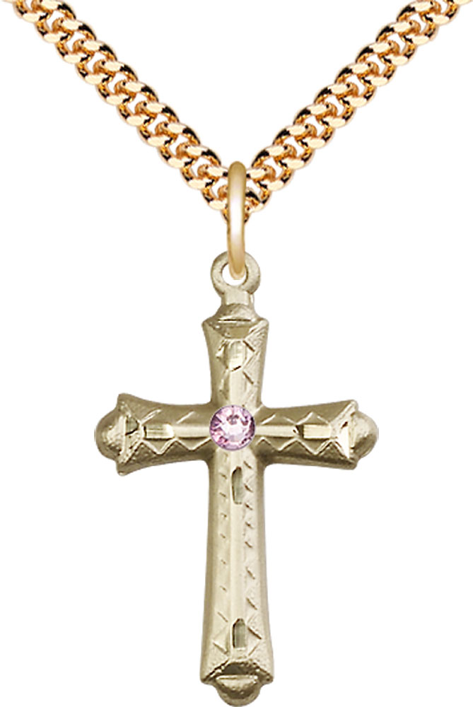 14kt Gold Filled Cross Pendant with a 3mm Light Amethyst Swarovski stone on a 24 inch Gold Plate Heavy Curb chain