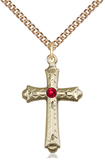14kt Gold Filled Cross Pendant with a 3mm Ruby Swarovski stone on a 24 inch Gold Filled Heavy Curb chain