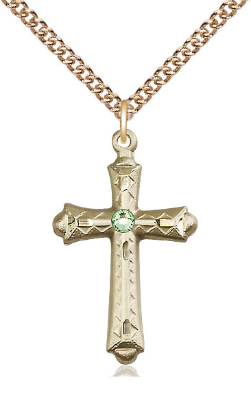 14kt Gold Filled Cross Pendant with a 3mm Peridot Swarovski stone on a 24 inch Gold Filled Heavy Curb chain