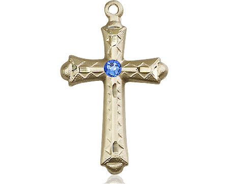 14kt Gold Filled Cross Medal with a 3mm Sapphire Swarovski stone