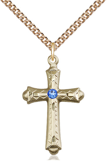 14kt Gold Filled Cross Pendant with a 3mm Sapphire Swarovski stone on a 24 inch Gold Filled Heavy Curb chain