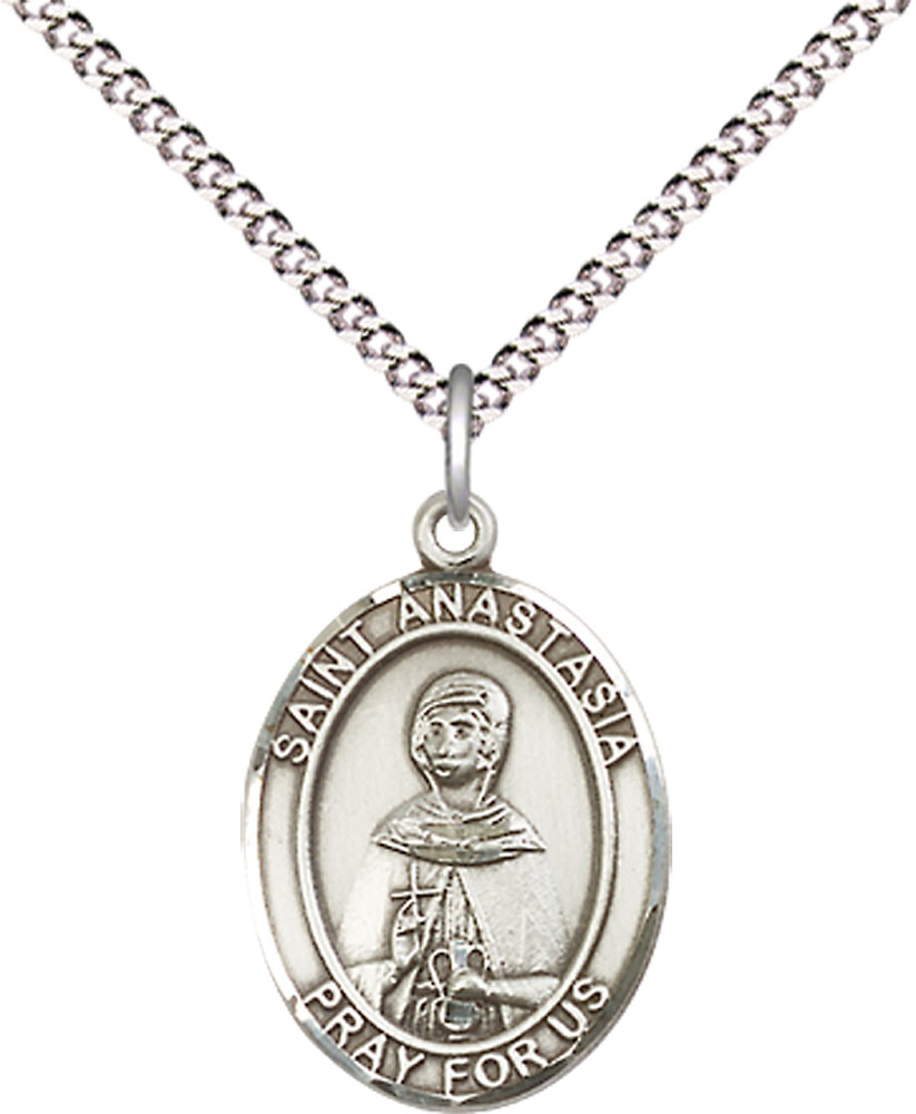 Sterling Silver Saint Anastasia Pendant on a 18 inch Light Rhodium Light Curb chain