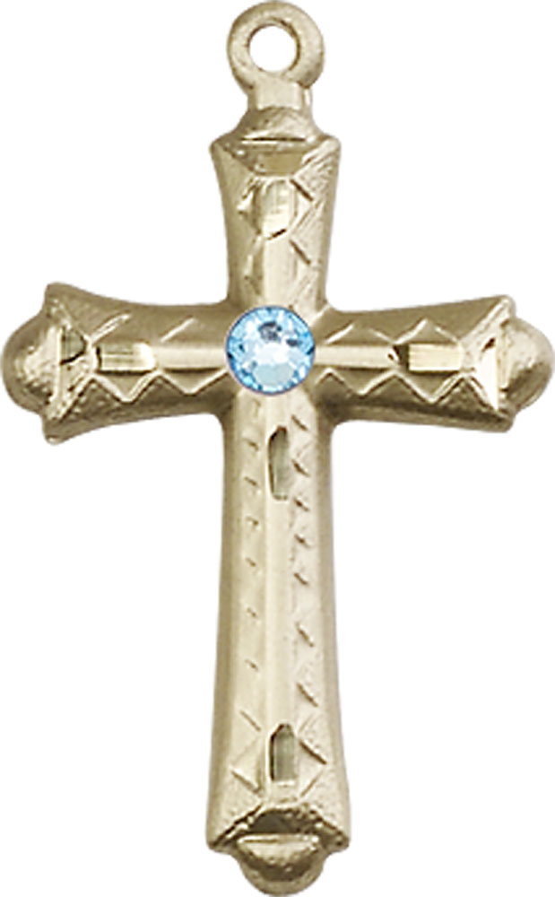 14kt Gold Cross Medal with a 3mm Aqua Swarovski stone