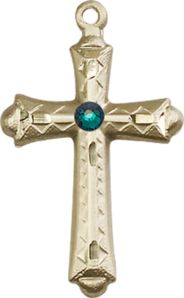 14kt Gold Cross Medal with a 3mm Emerald Swarovski stone