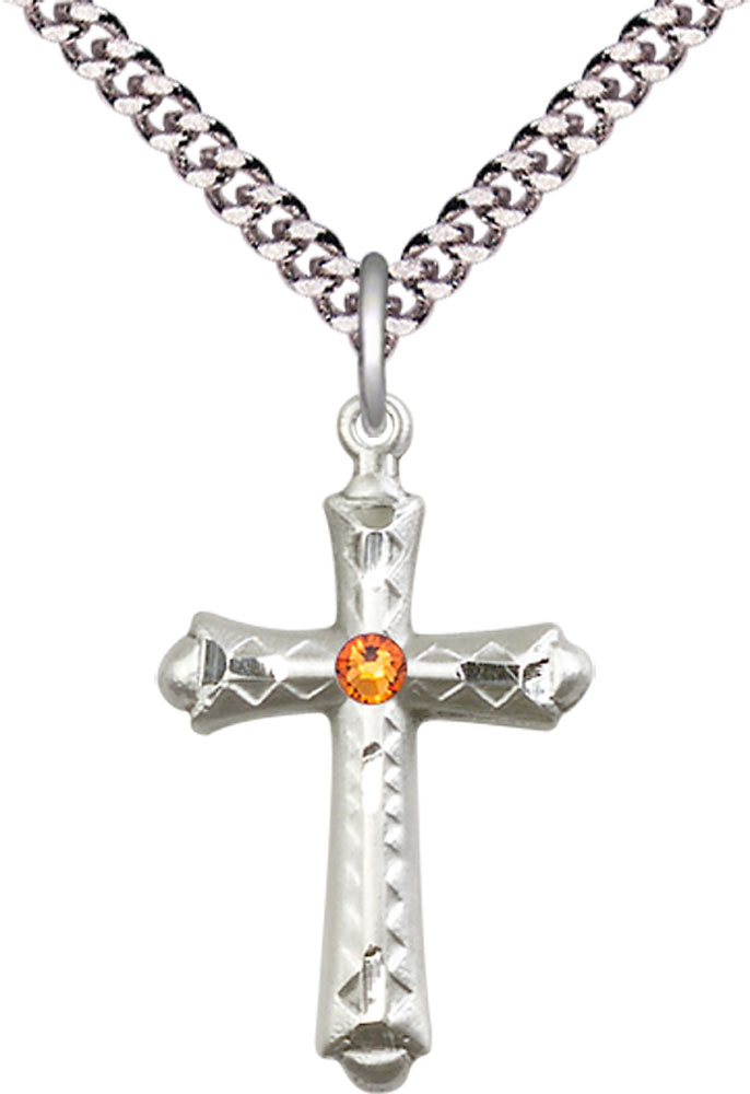 Sterling Silver Cross Pendant with a 3mm Topaz Swarovski stone on a 24 inch Light Rhodium Heavy Curb chain