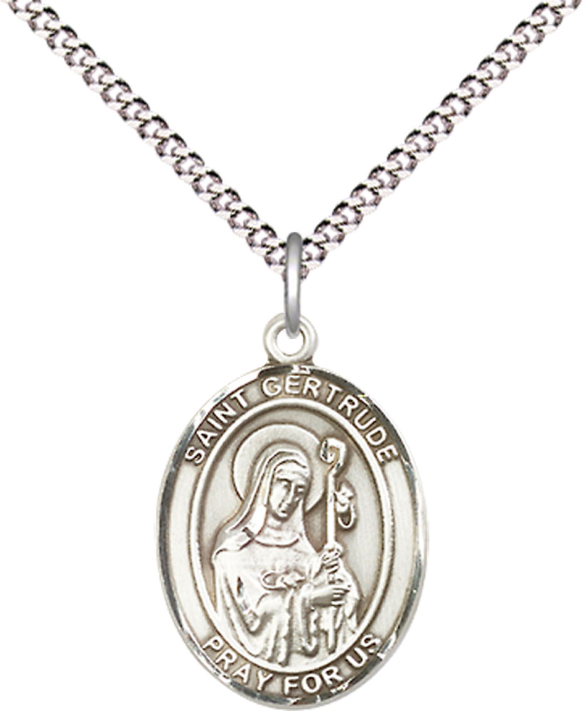 Sterling Silver Saint Gertrude of Nivelles Pendant on a 18 inch Light Rhodium Light Curb chain