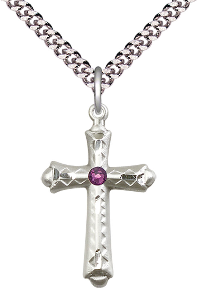 Sterling Silver Cross Pendant with a 3mm Amethyst Swarovski stone on a 24 inch Light Rhodium Heavy Curb chain