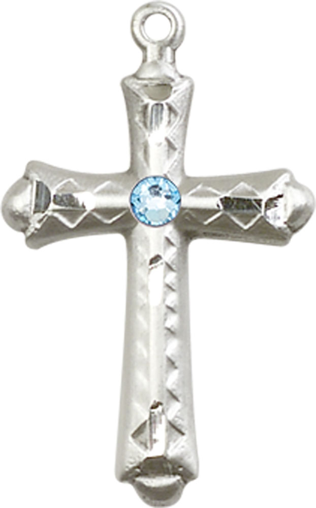 Sterling Silver Cross Medal with a 3mm Aqua Swarovski stone