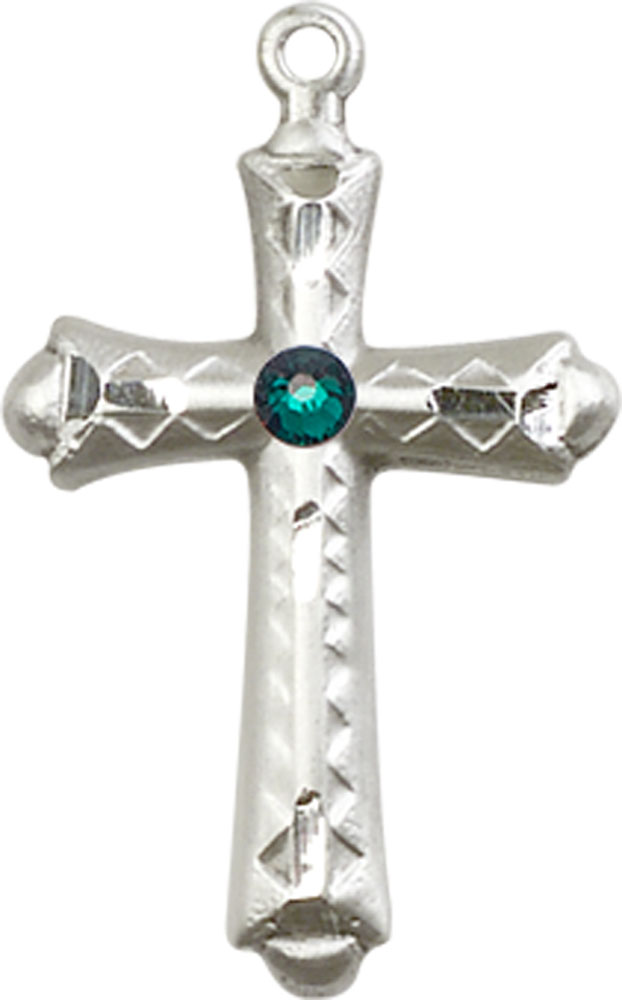 Sterling Silver Cross Medal with a 3mm Emerald Swarovski stone