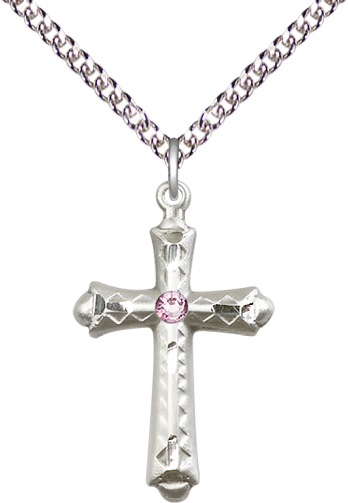 Sterling Silver Cross Pendant with a 3mm Light Amethyst Swarovski stone on a 24 inch Sterling Silver Heavy Curb chain