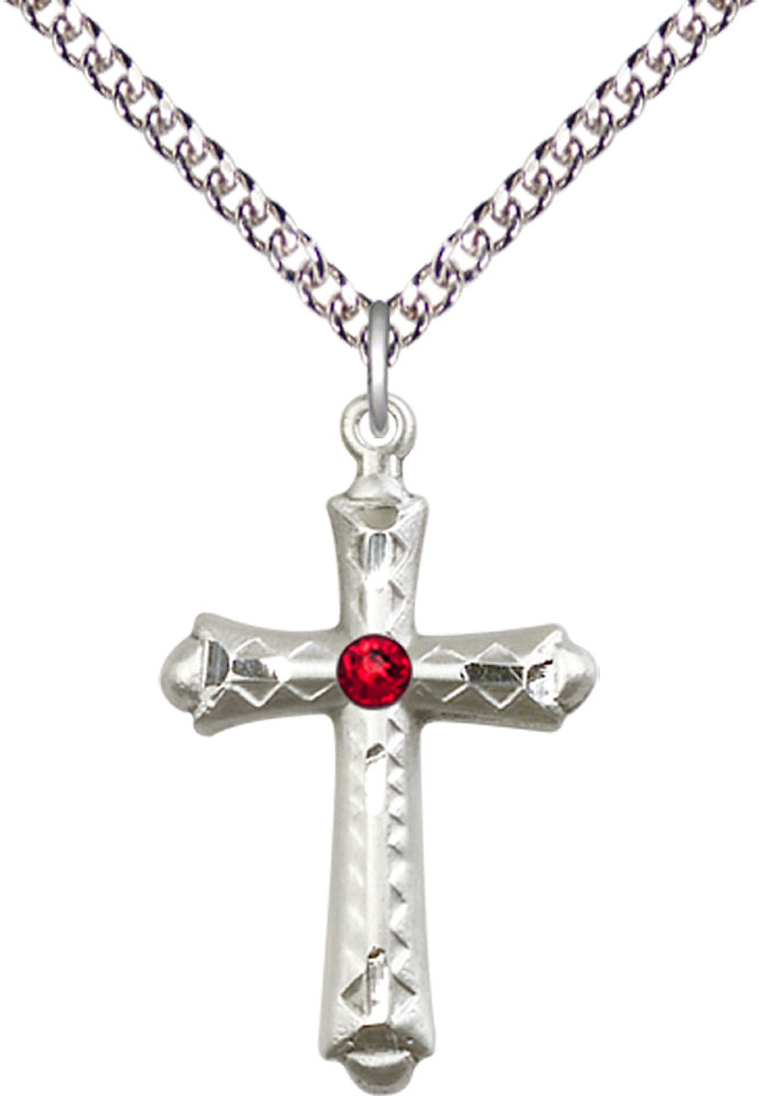 Sterling Silver Cross Pendant with a 3mm Ruby Swarovski stone on a 24 inch Sterling Silver Heavy Curb chain