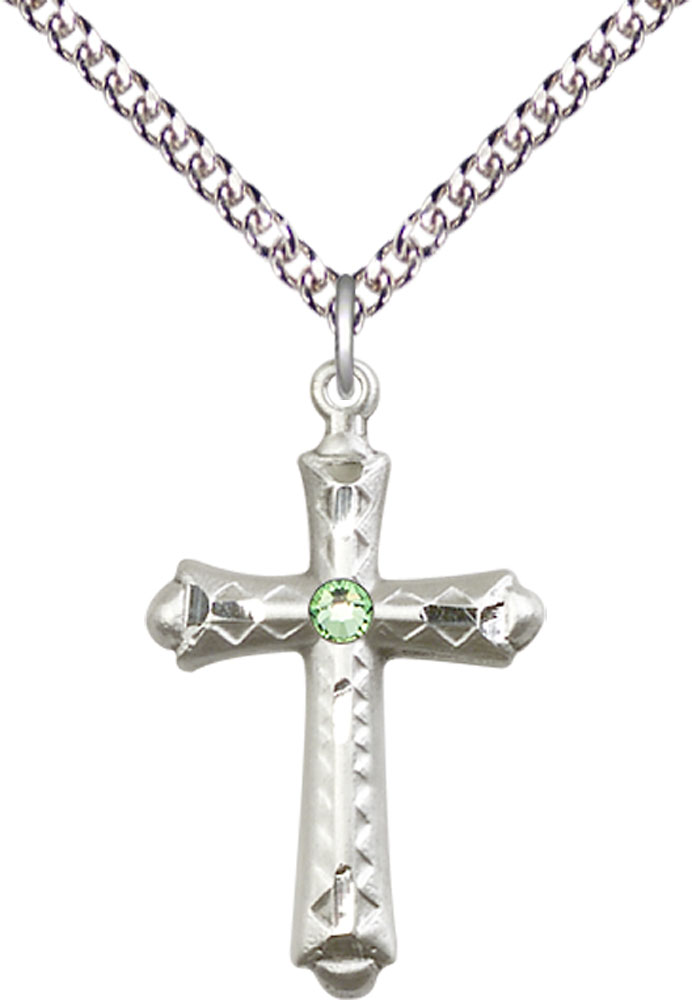 Sterling Silver Cross Pendant with a 3mm Peridot Swarovski stone on a 24 inch Sterling Silver Heavy Curb chain