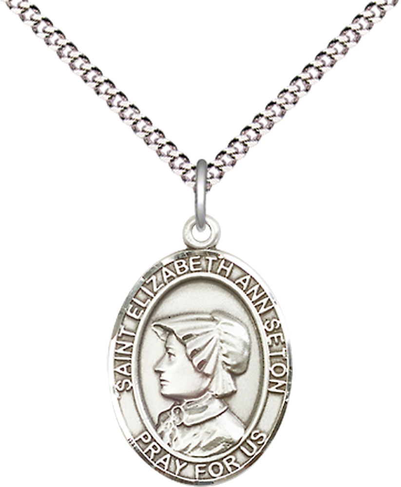 Sterling Silver Saint Elizabeth Ann Seton Pendant on a 18 inch Light Rhodium Light Curb chain