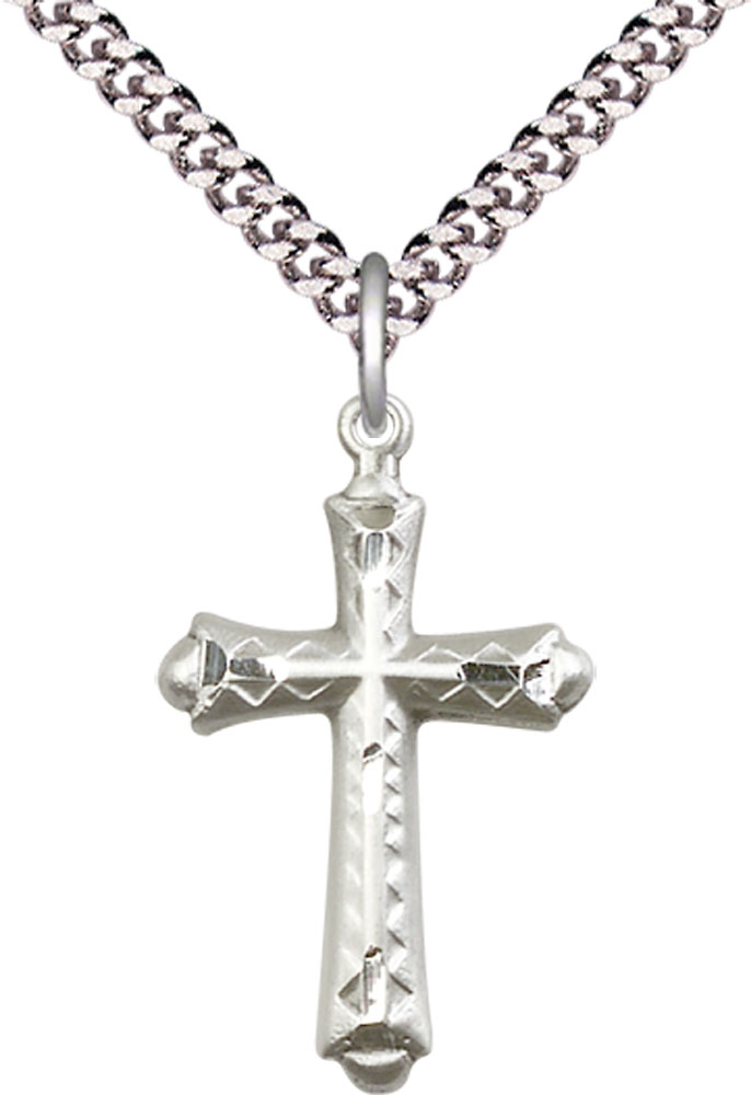 Sterling Silver Cross Pendant on a 24 inch Light Rhodium Heavy Curb chain