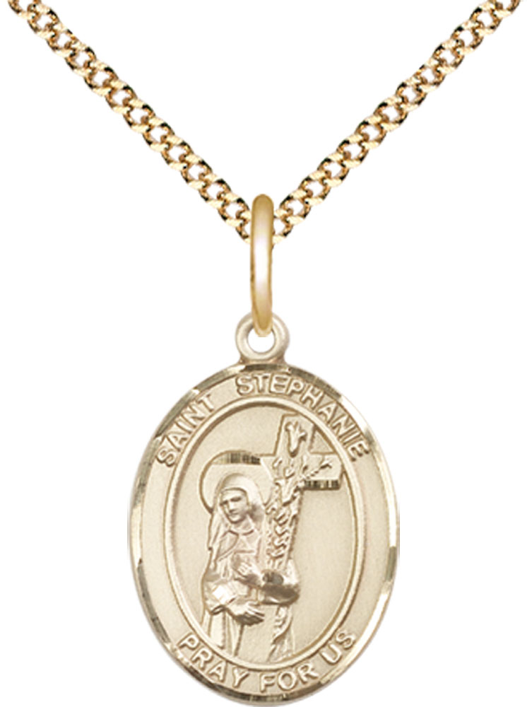 14kt Gold Filled Saint Stephanie Pendant on a 18 inch Gold Plate Light Curb chain