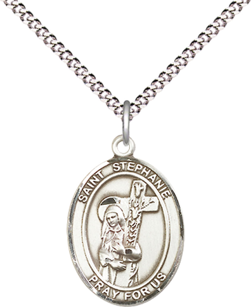 Sterling Silver Saint Stephanie Pendant on a 18 inch Light Rhodium Light Curb chain