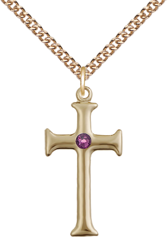 14kt Gold Filled Cross Pendant with a 3mm Amethyst Swarovski stone on a 24 inch Gold Filled Heavy Curb chain