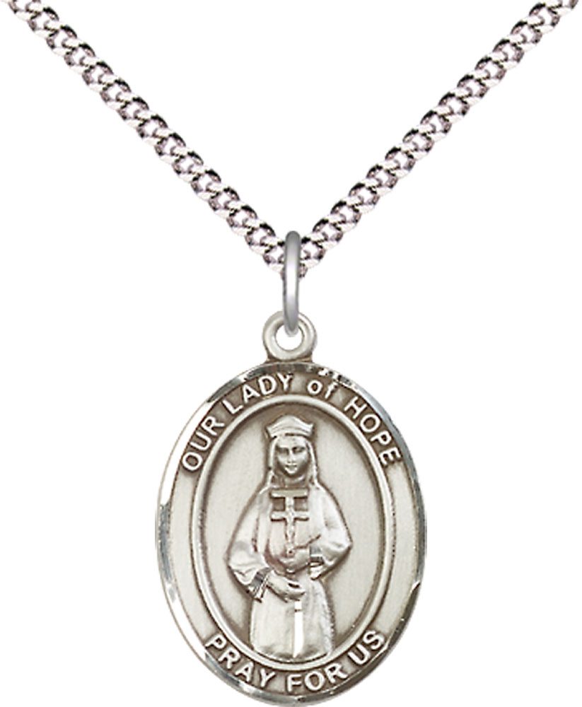 Sterling Silver Our Lady of Hope Pendant on a 18 inch Light Rhodium Light Curb chain