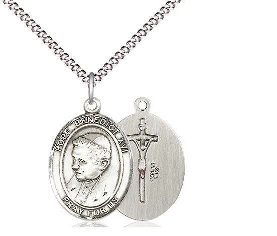Sterling Silver Pope Benedict XVI Pendant on a 18 inch Light Rhodium Light Curb chain