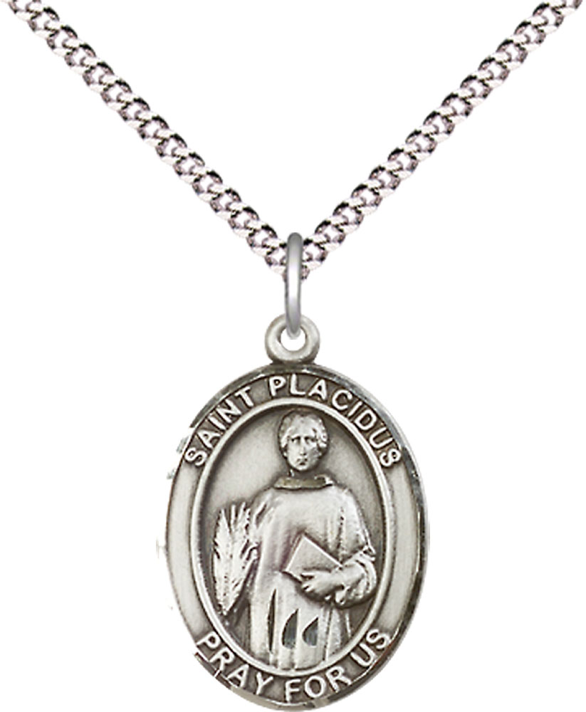Sterling Silver Saint Placidus Pendant on a 18 inch Light Rhodium Light Curb chain