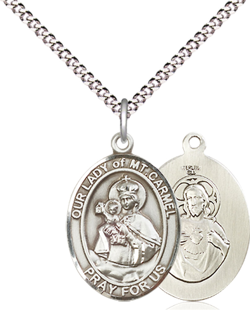 Sterling Silver Our Lady of Mount Carmel Pendant on a 18 inch Light Rhodium Light Curb chain