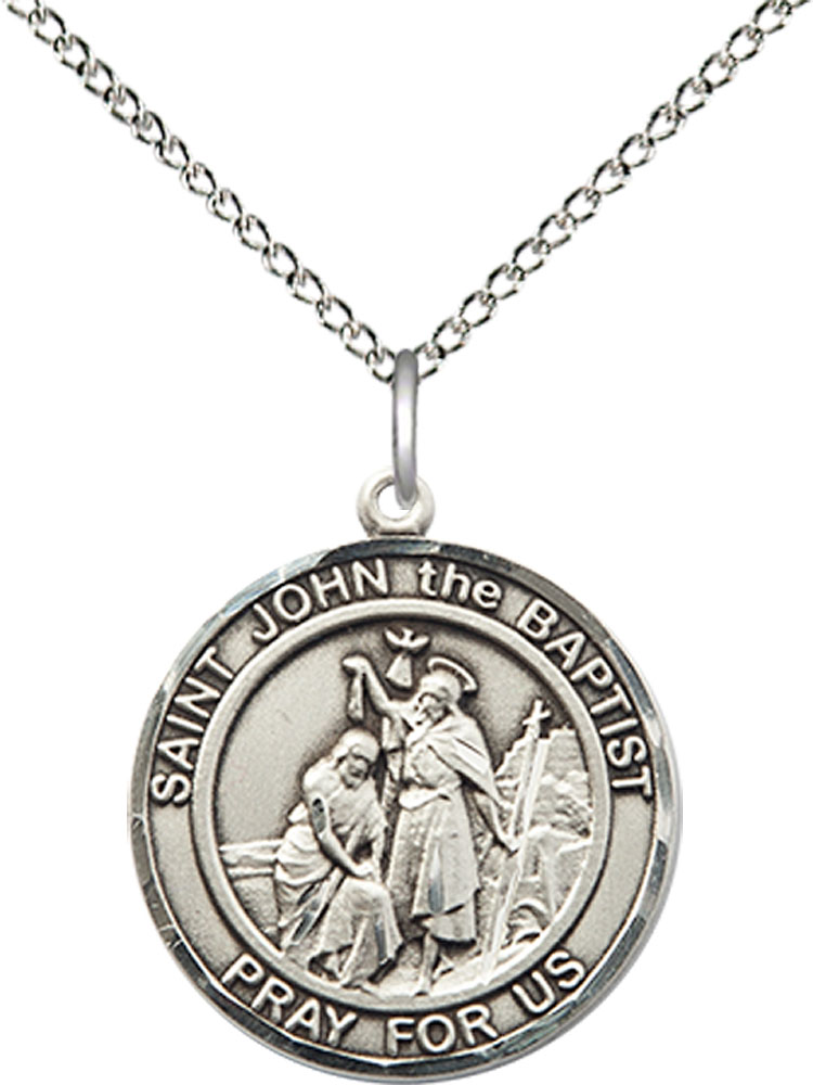 Sterling Silver Saint John the Baptist Pendant on a 18 inch Sterling Silver Light Curb chain