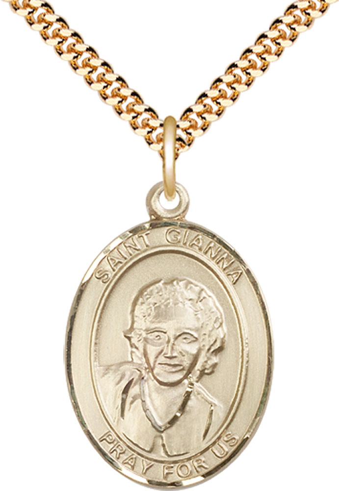 14kt Gold Filled Saint Gianna Pendant on a 24 inch Gold Plate Heavy Curb chain