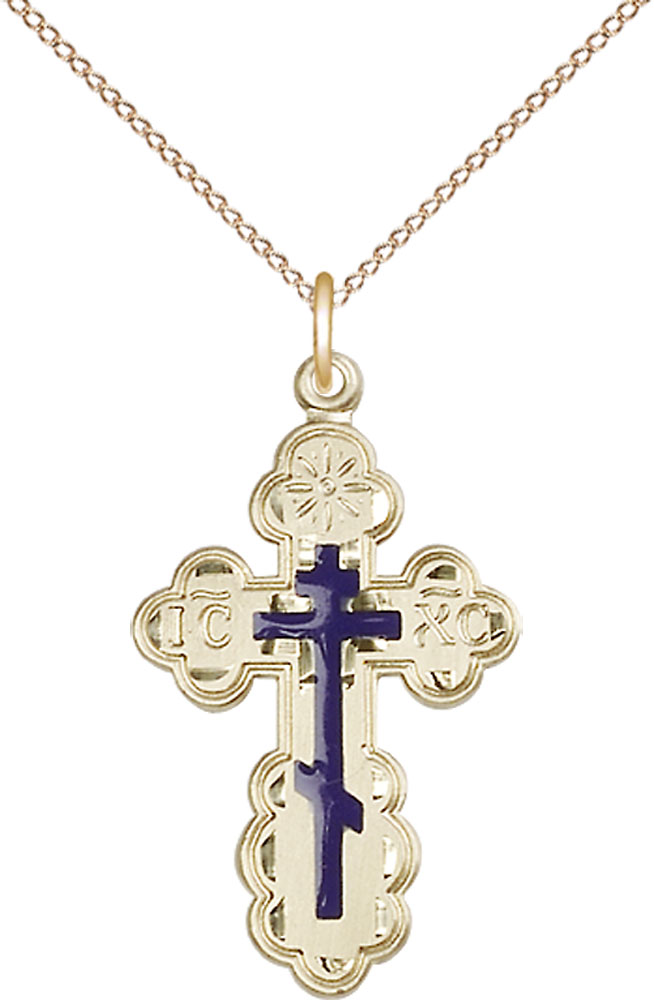 14kt Gold Filled Saint Olga Cross Pendant on a 18 inch Gold Filled Light Curb chain