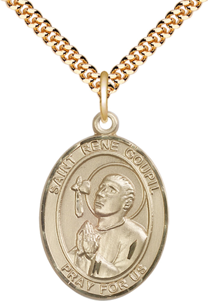 14kt Gold Filled Saint Rene Goupil Pendant on a 24 inch Gold Plate Heavy Curb chain