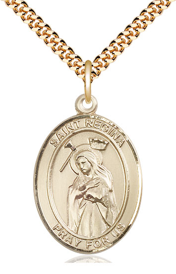 14kt Gold Filled Saint Regina Pendant on a 24 inch Gold Plate Heavy Curb chain