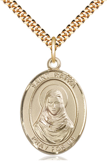 14kt Gold Filled Saint Rafka Pendant on a 24 inch Gold Plate Heavy Curb chain