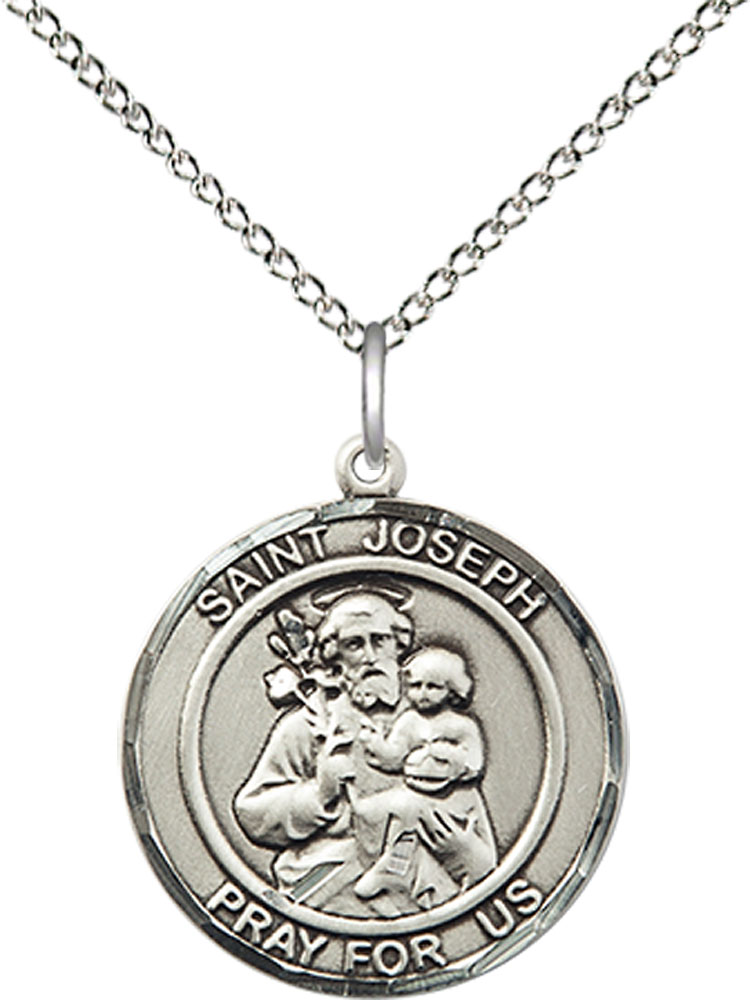 Sterling Silver Saint Joseph Pendant on a 18 inch Sterling Silver Light Curb chain