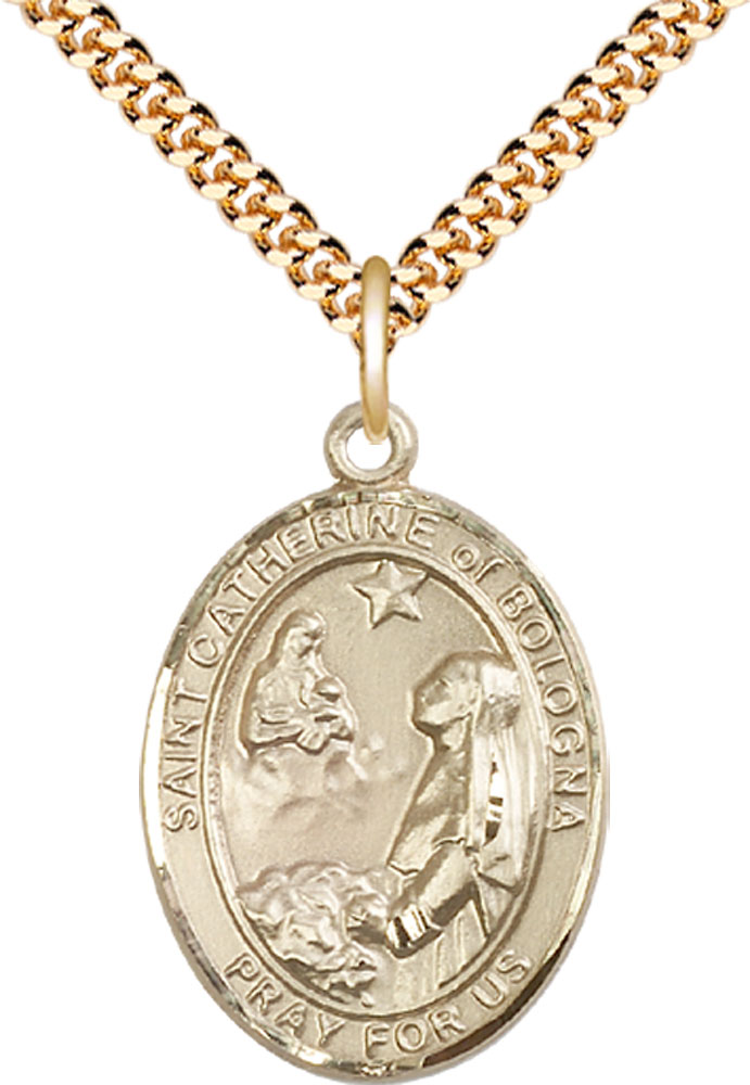 14kt Gold Filled Saint Catherine of Bologna Pendant on a 24 inch Gold Plate Heavy Curb chain