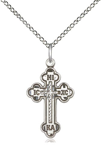 Sterling Silver Russian Cross Pendant on a 18 inch Sterling Silver Light Curb chain