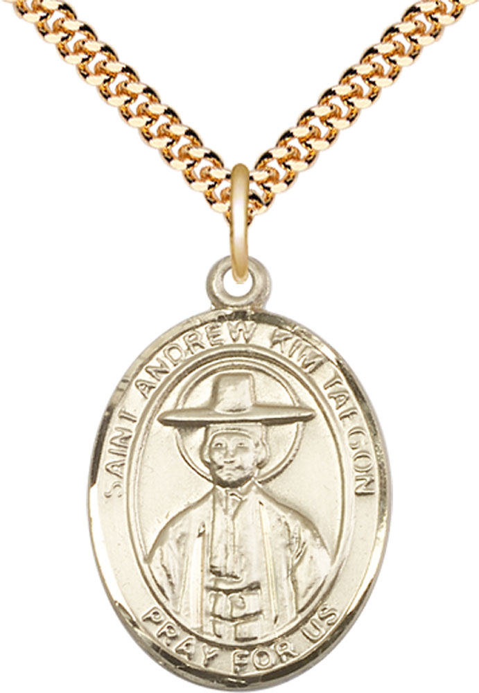 14kt Gold Filled Saint Andrew Kim Taegon Pendant on a 24 inch Gold Plate Heavy Curb chain