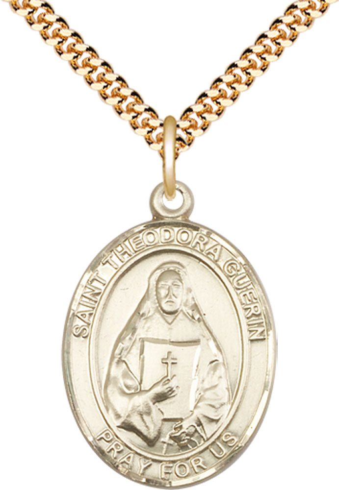 14kt Gold Filled Saint Theodora Pendant on a 24 inch Gold Plate Heavy Curb chain